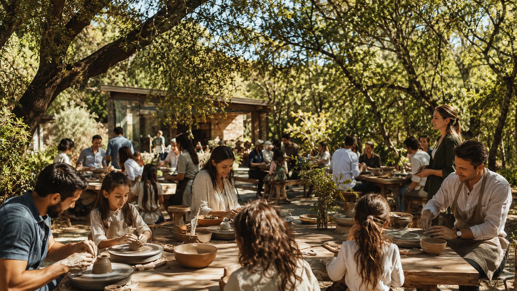 Community gathering under mature trees in a nature-led setting