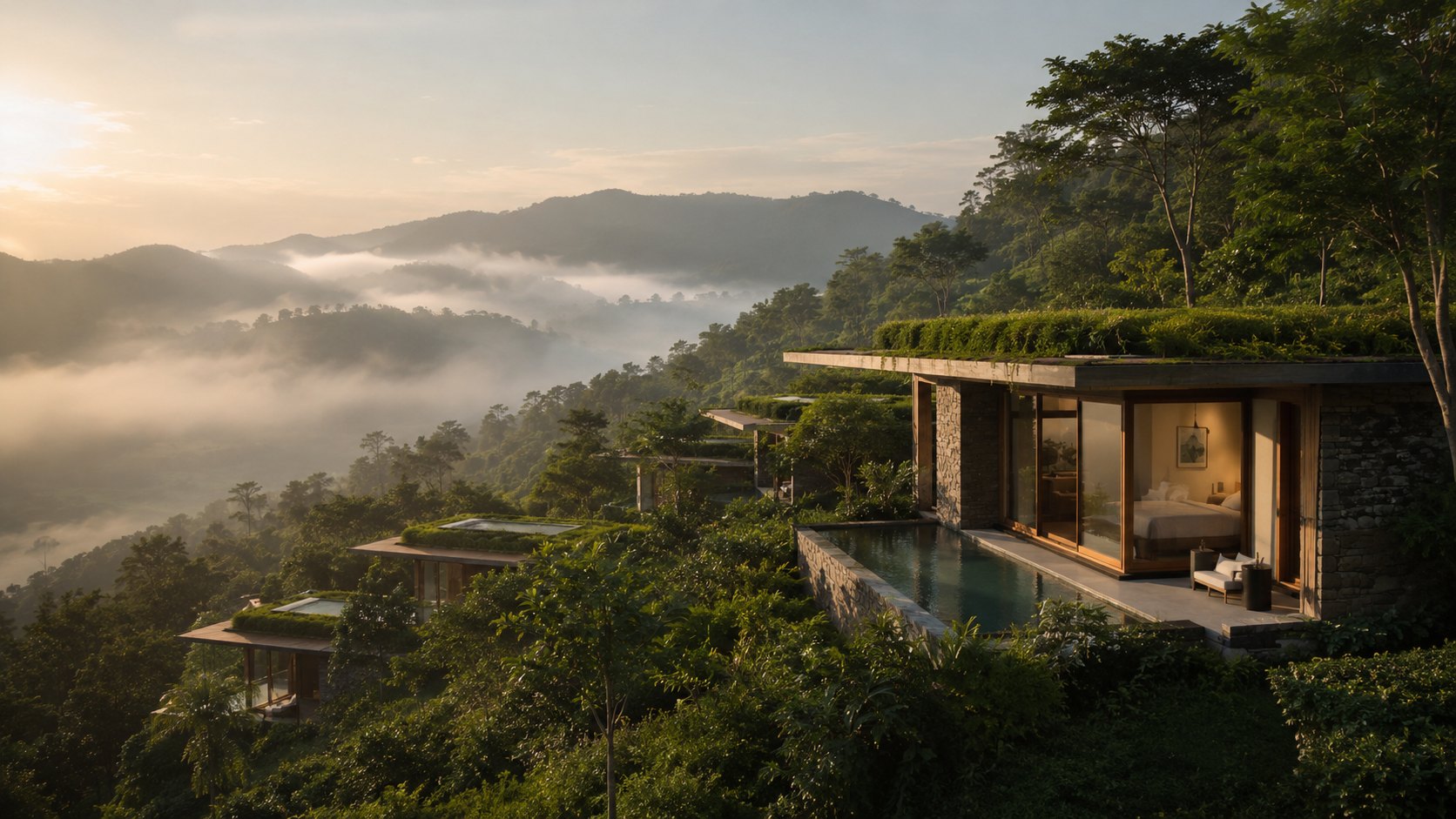 Landscape-led hillside living concept embedded in lush greenery