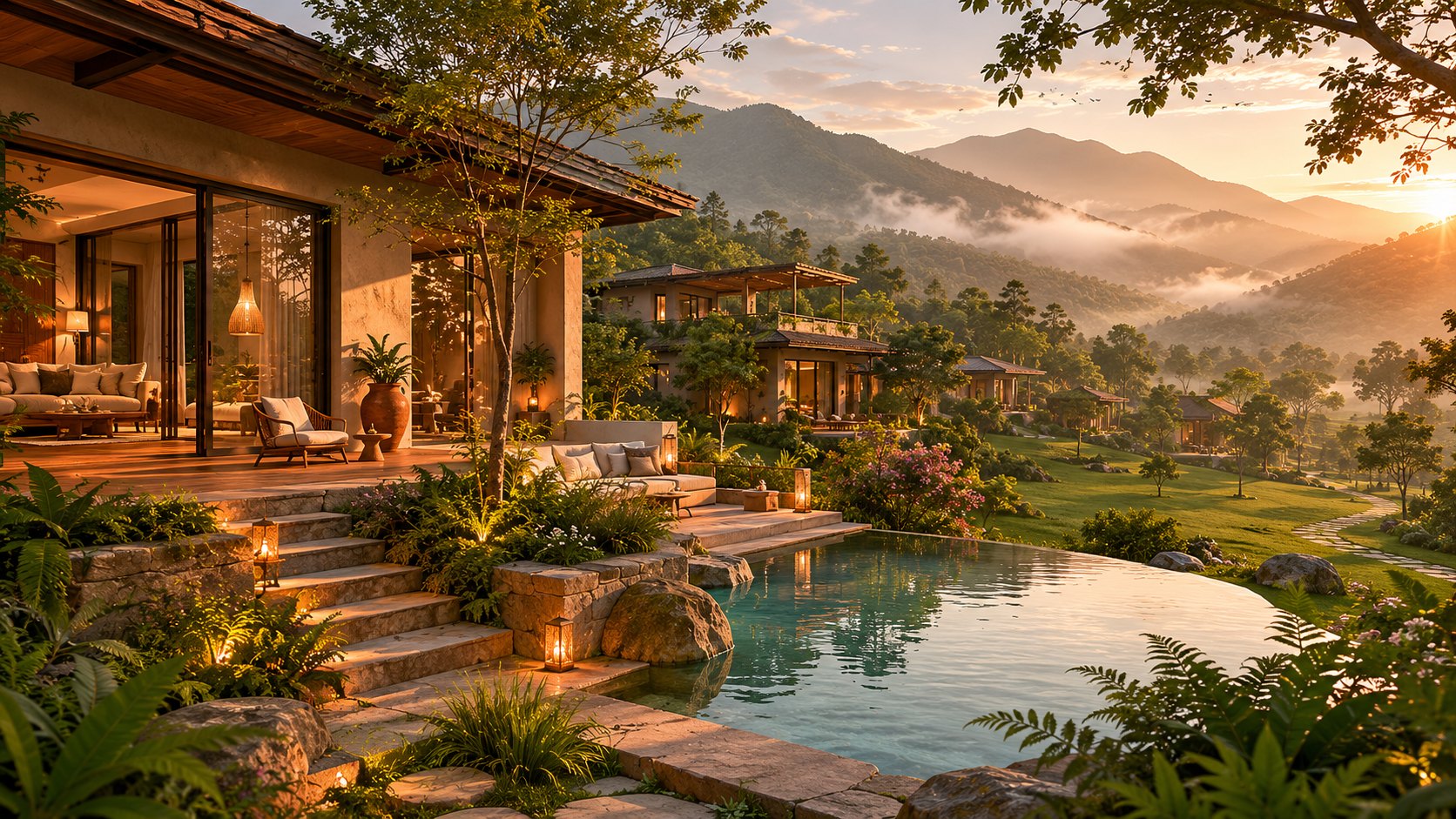 Warm evening landscape concept for Midori with water, gardens and hillside views